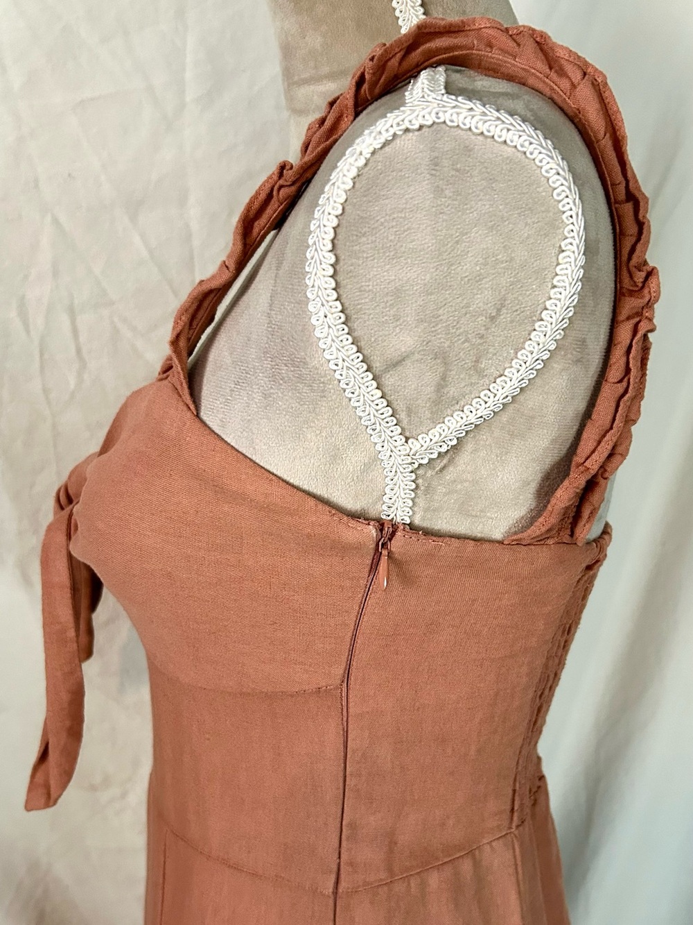 Zara Terracotta Ruffle Bow Linen/Cotton Blend Midi Dress, Size S - Picture 9 of 16